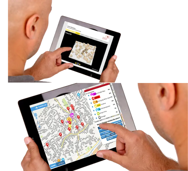 Bürgerbeteiligungs-App auf einem Tablet - interaktive Karten- und 3D-Ansicht für die Stadtplanung