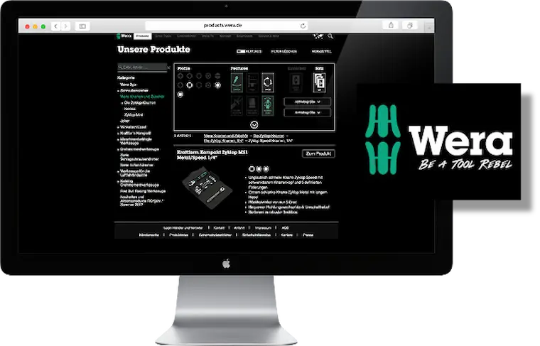 Website-Design für Wera – Darstellung der Produktübersicht auf Desktop-Monitor, modernes Weblayout für Werkzeughersteller.
