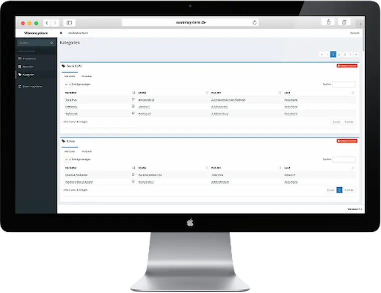 Screenshot eines webbasierten Verwaltungstool - Backend-Oberfläche für Datenverwaltung und Kategorienpflege